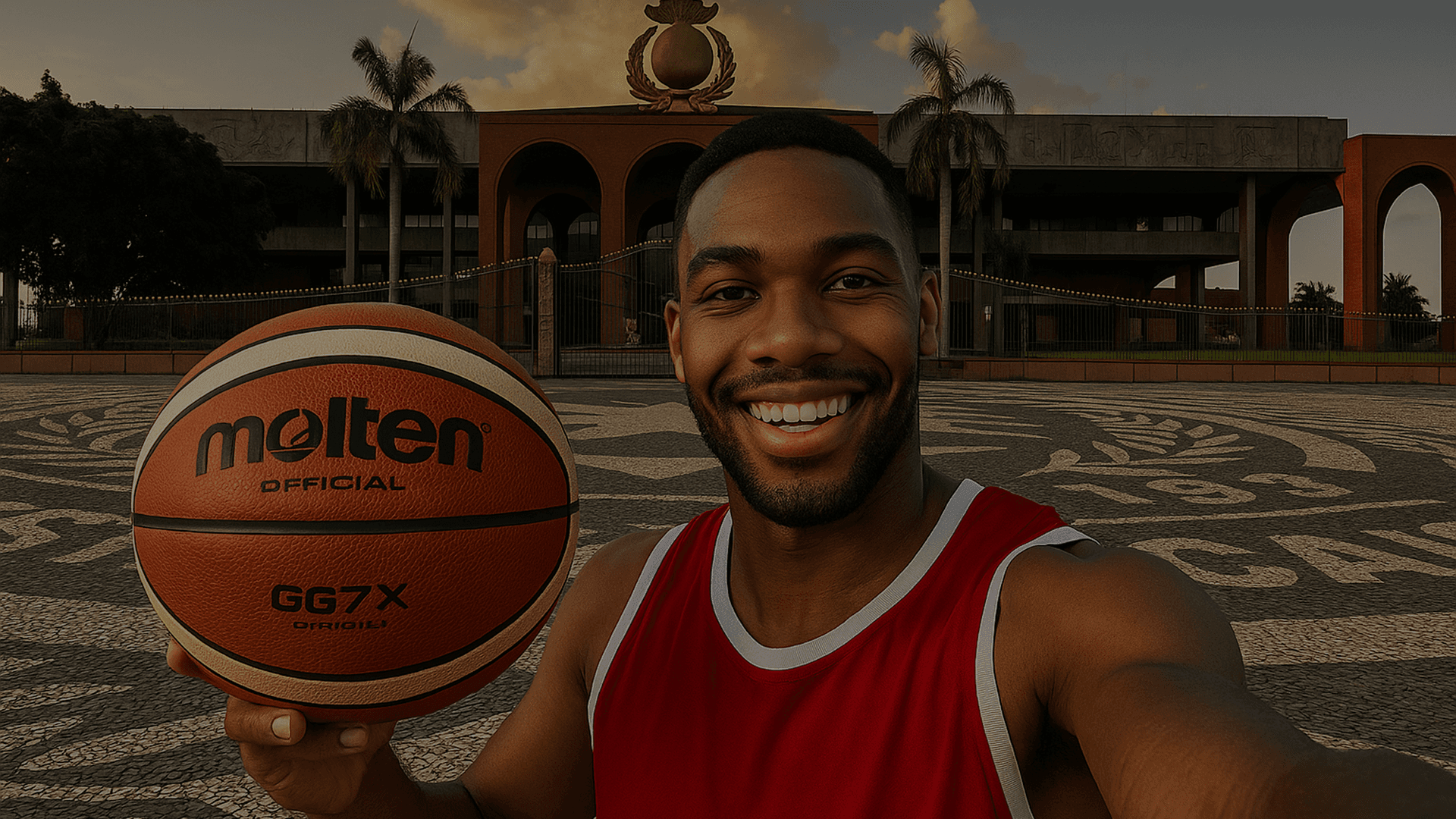 Image of a player holding a basketball in the middle of a park